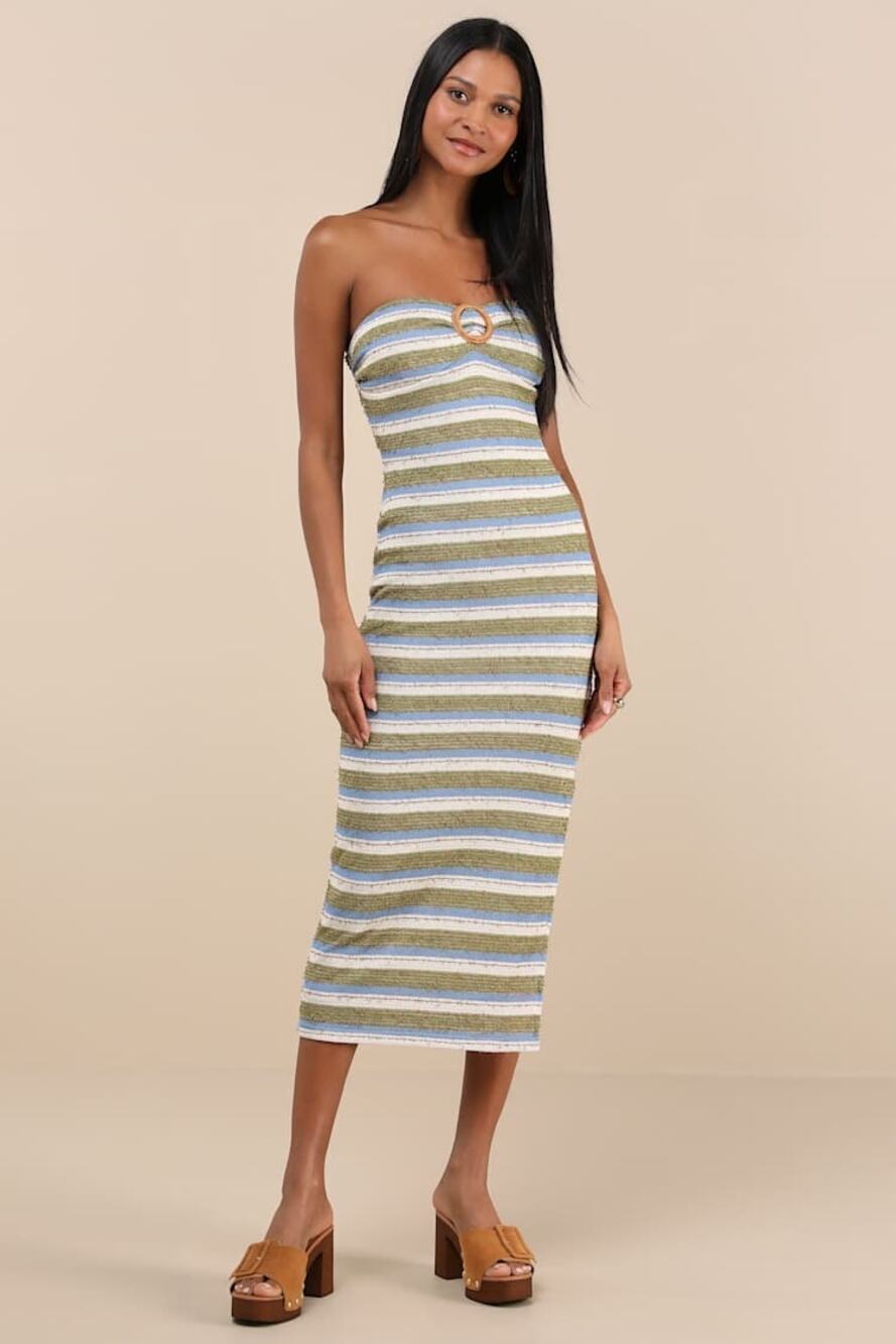 Lulus Mileka Green Striped Textured Knit Strapless Midi Dress XS Beach Y2k NWT